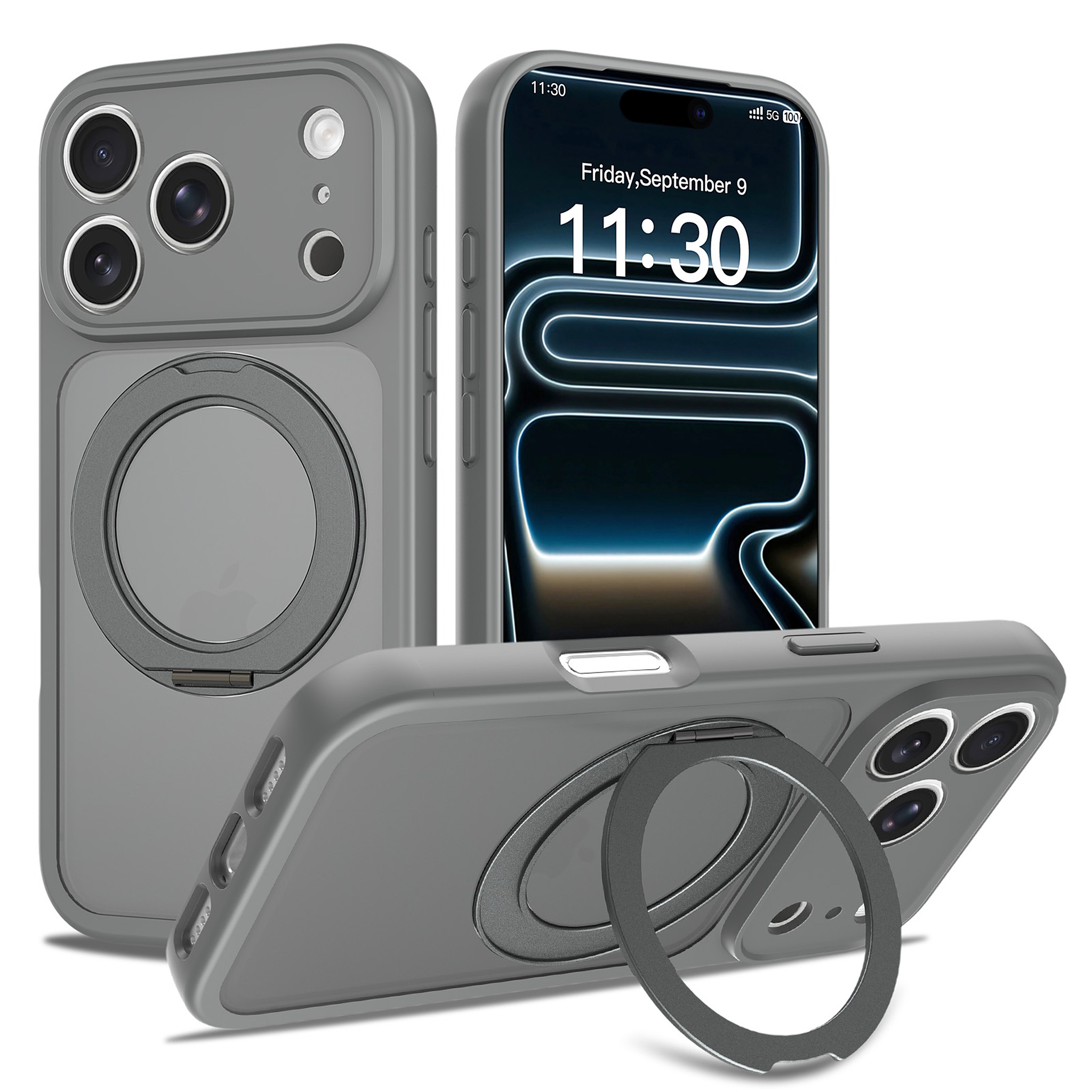 SendaFit Precise-Cutout Matte Skin-Feel 360° Stand Case for iPhone 18 Pro (Fits iPhone 17 Pro) - Dark Gray