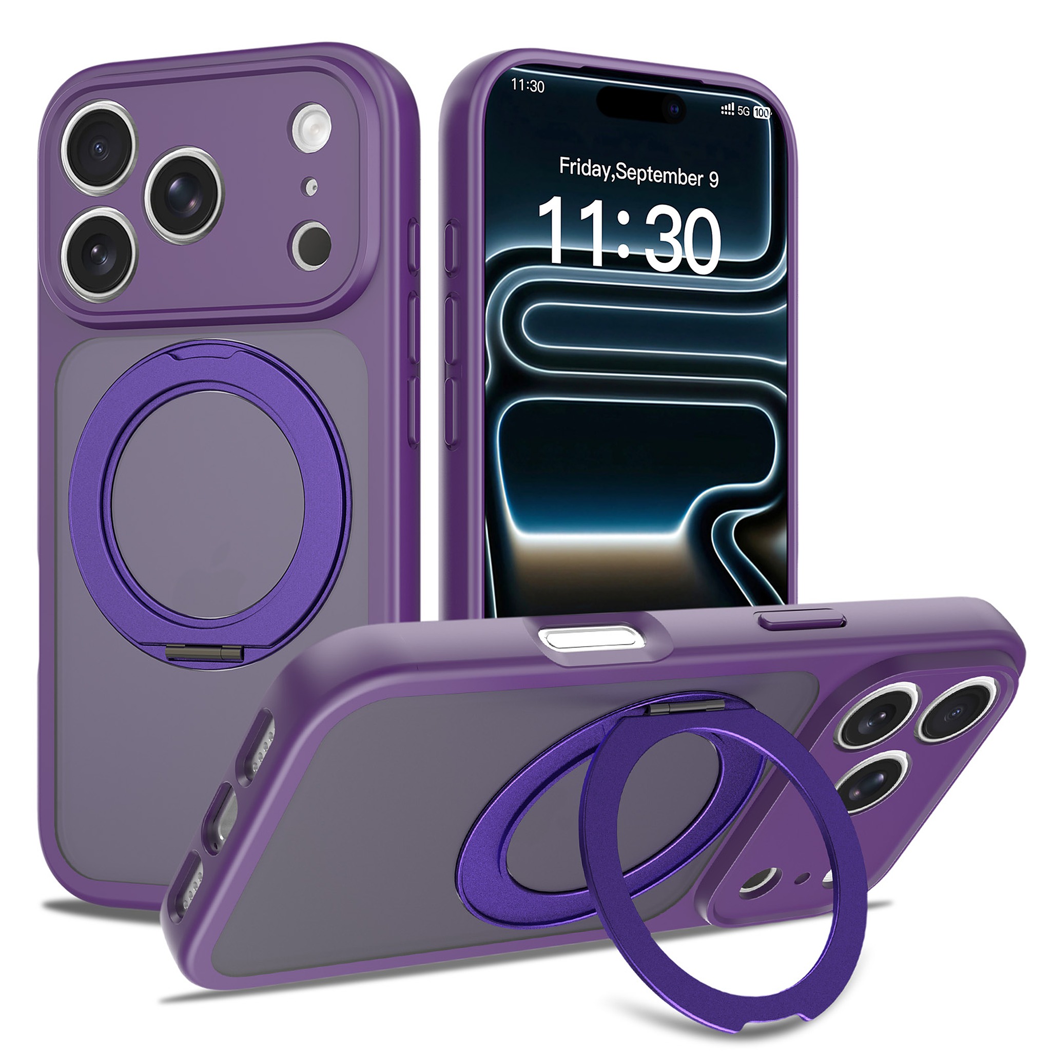 SendaFit Precise-Cutout Matte Skin-Feel 360° Stand Case for iPhone 18 Pro (Fits iPhone 17 Pro) - Deep Purple