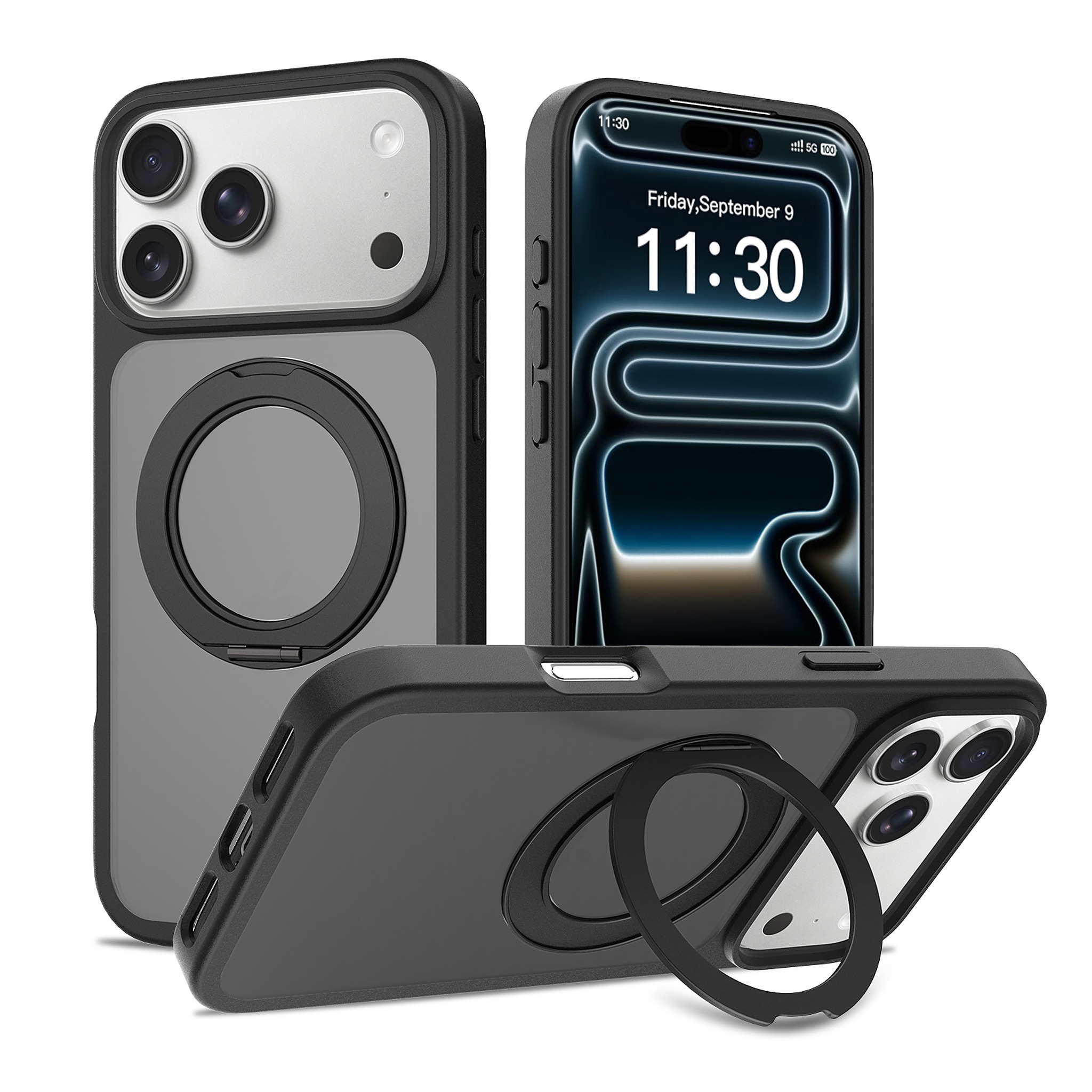SendaFit Matte Skin-Feel 360° Stand Case for iPhone 18 Pro Max (Fits iPhone 17 Pro Max) - Black