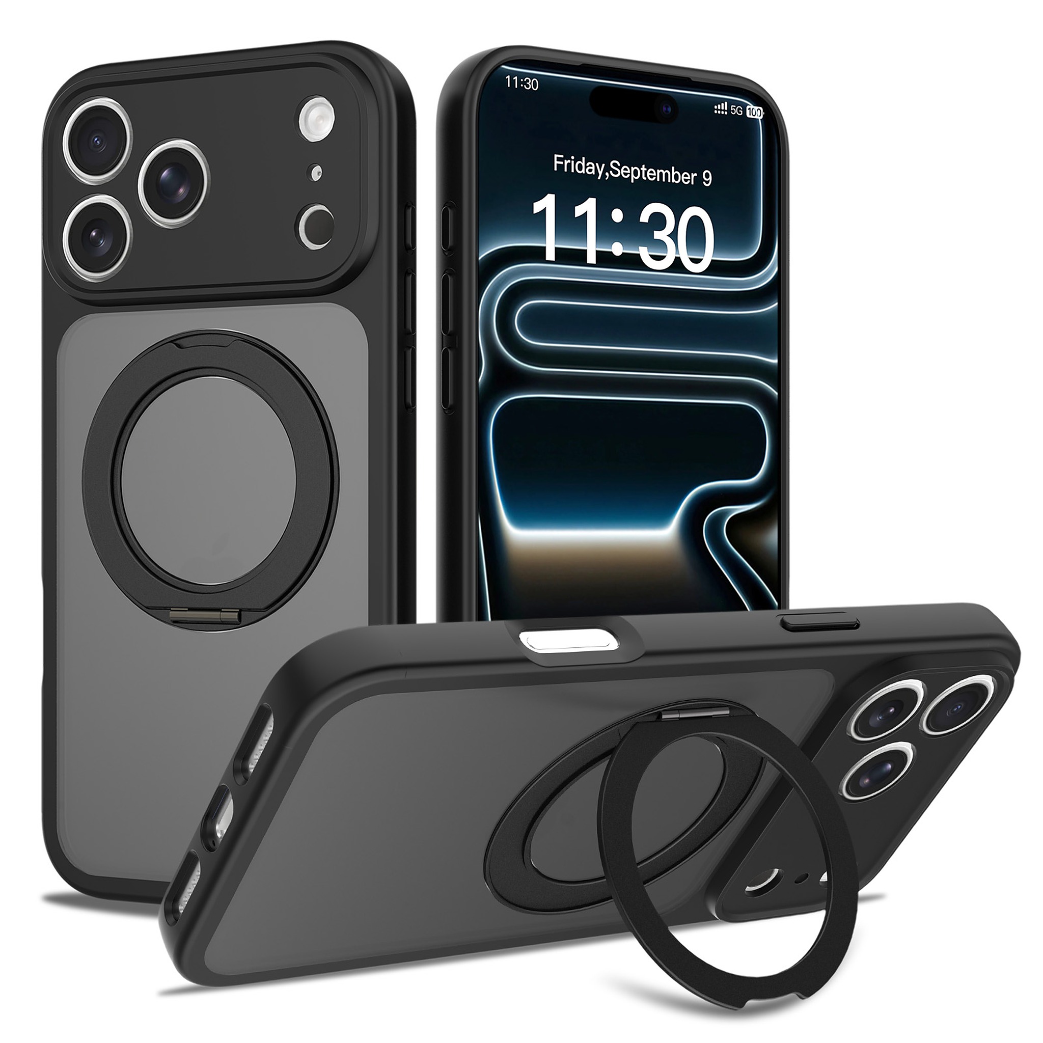 SendaFit Precise-Cutout Matte Skin-Feel 360° Stand Case for iPhone 18 Pro Max (Fits iPhone 17 Pro Max) - Black