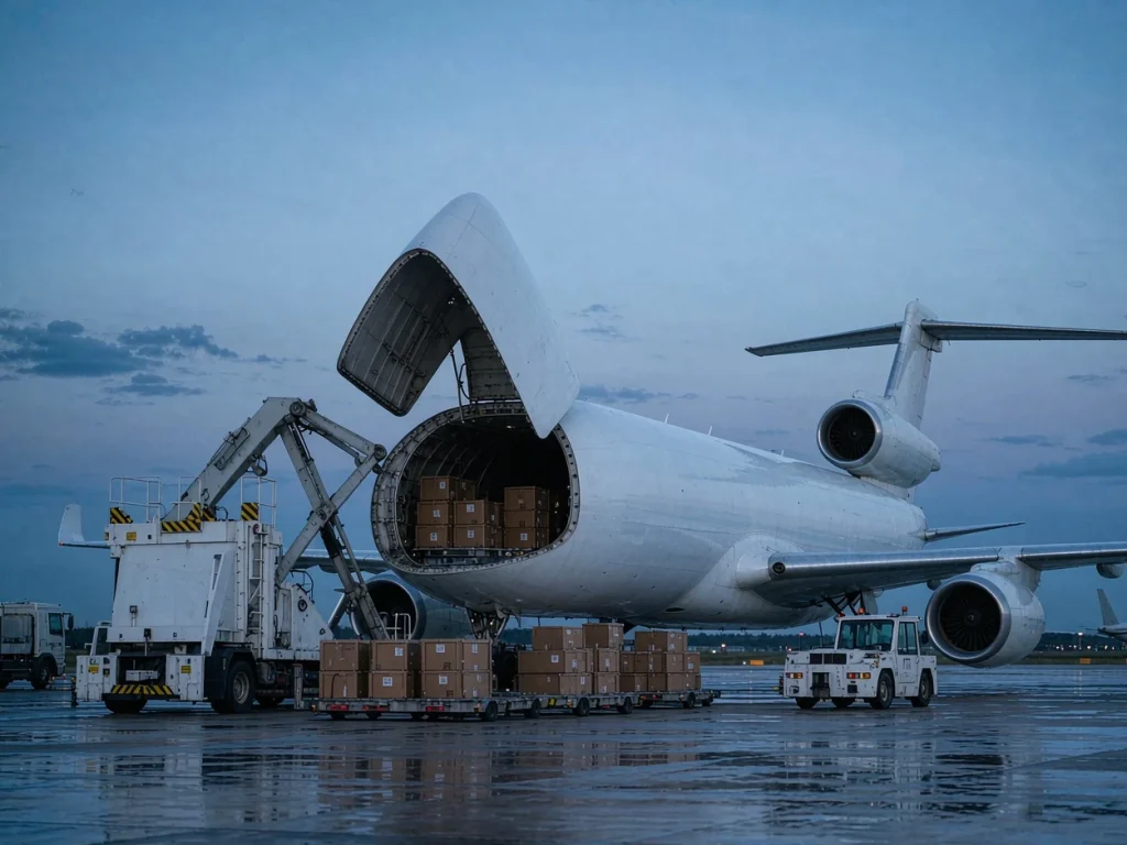 Air cargo being loaded onto a freighter aircraft
