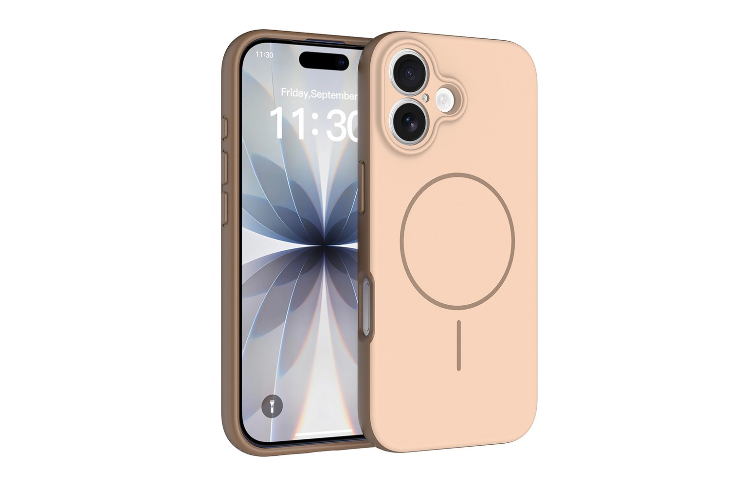 Apricot matte MagSafe phone case with camera control button, front and back view on white background - SendaFit Canada phone case import guide