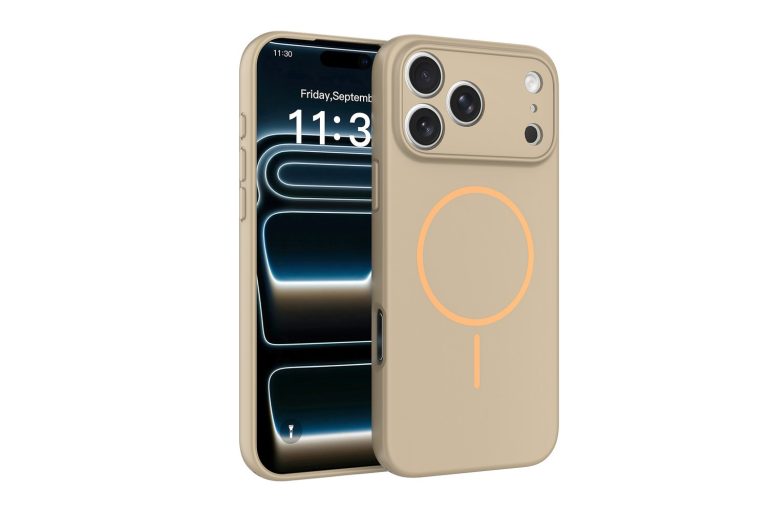 Desert gold iPhone 18 Pro Max MagSafe case, front and back view on white background - SendaFit Oman phone case import guide