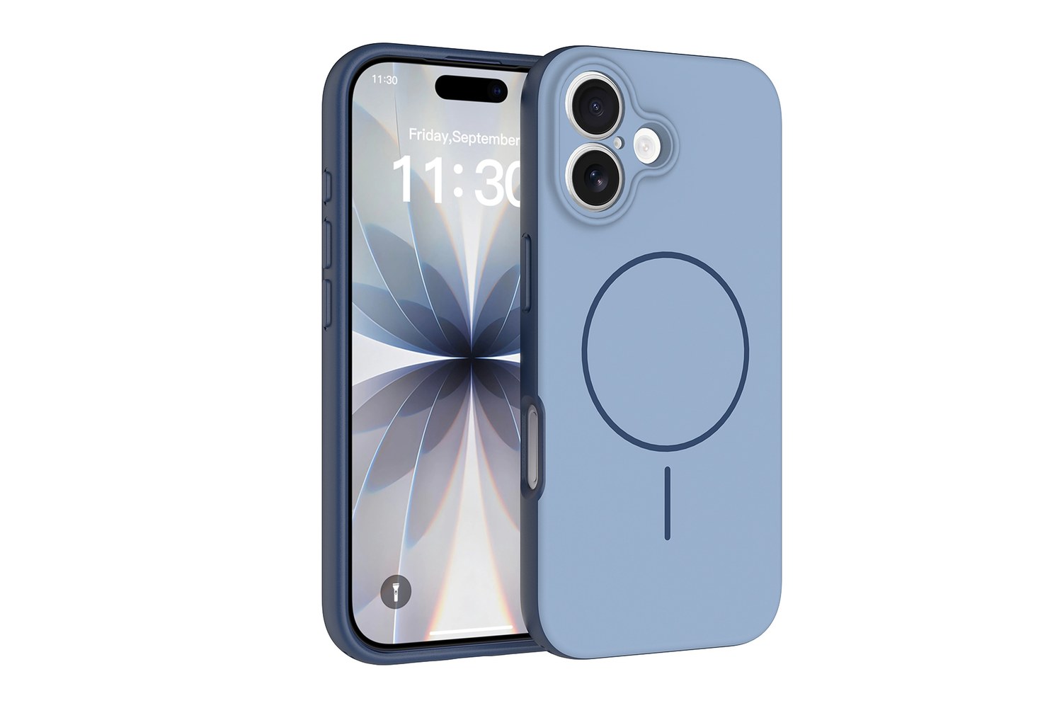 Blue-grey matte MagSafe phone case with camera control button, front and back view on white background - SendaFit US phone case import guide