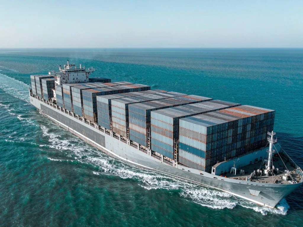 A container ship under way at sea
