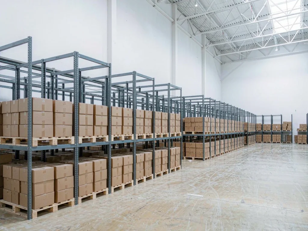 Palletised cartons stored on warehouse racking